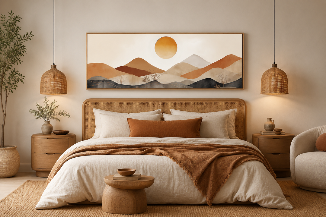 Long narrow canvas wall art of a neutral brown and beige mountain sunset landscape over a bed.