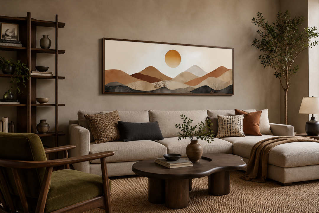 Mid century modern long narrow canvas art of a neutral brown and beige mountain sunset landscape.