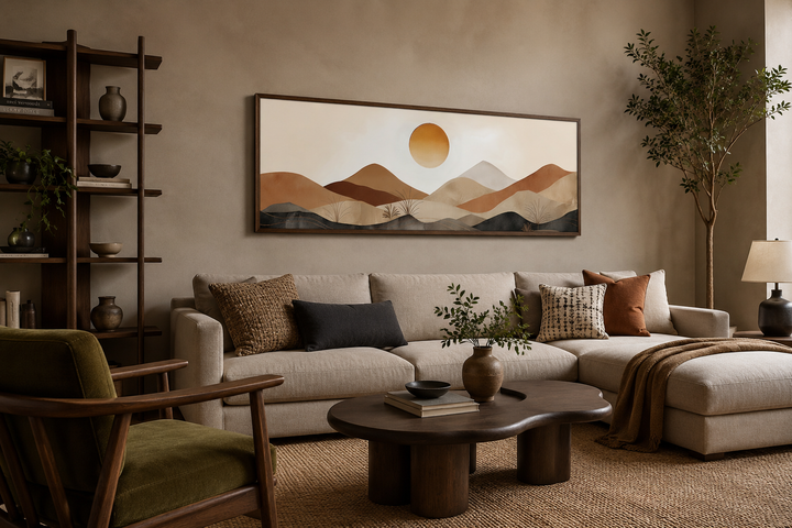 Mid century modern long narrow canvas art of a neutral brown and beige mountain sunset landscape.