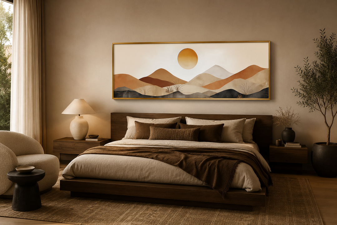 Long narrow canvas wall art featuring a neutral brown and beige mountain sunset landscape.