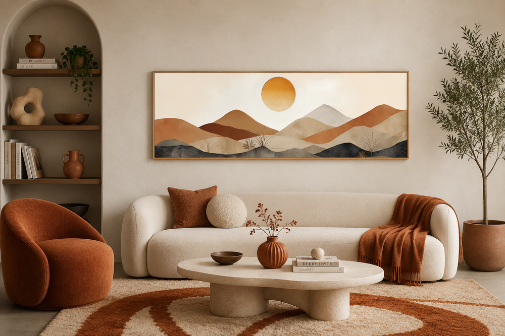 Long narrow canvas wall art featuring a mid-century modern mountain sunset in brown and beige.