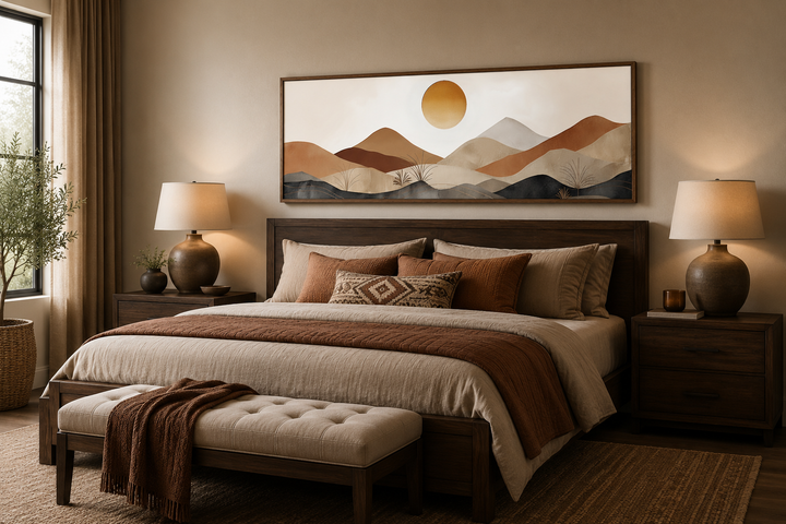Mid-century modern long narrow canvas wall art featuring a neutral mountain sunset over a bed.