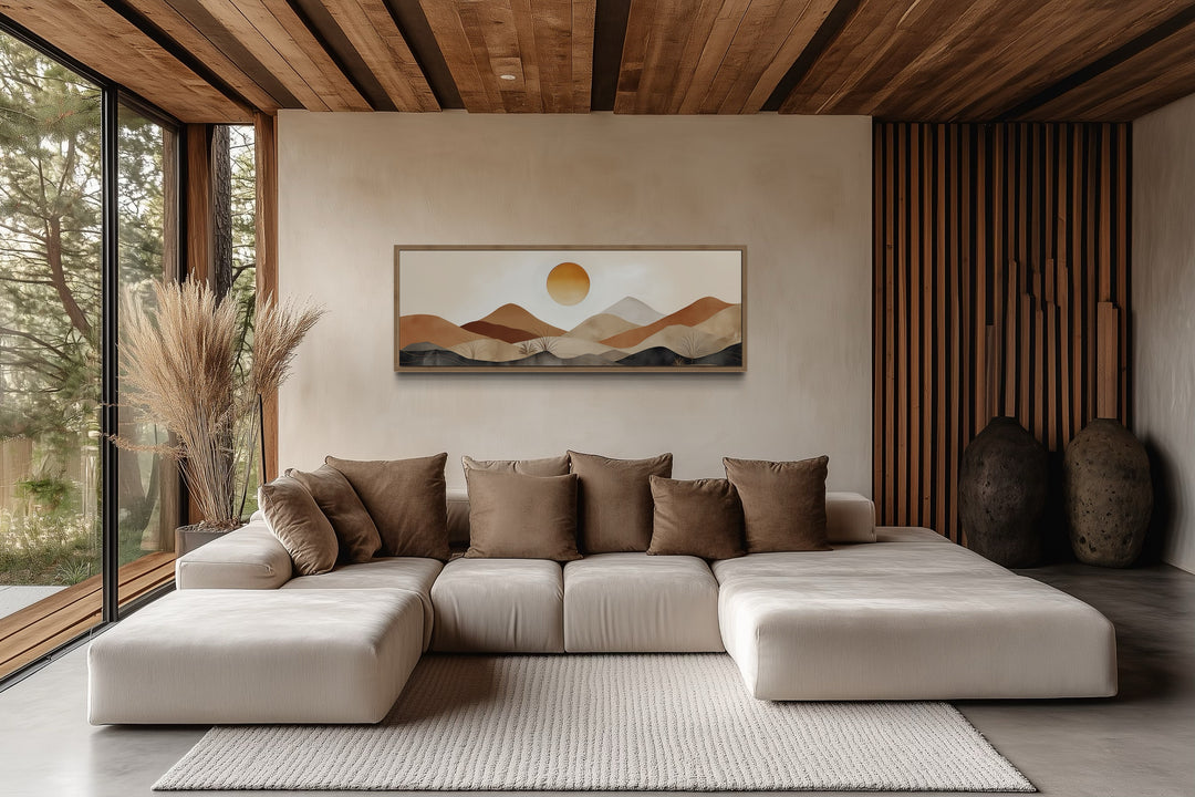 Mid century modern long narrow canvas wall art featuring a brown and beige mountain sunset.