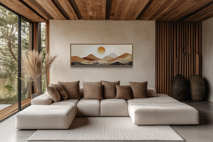 Mid century modern long narrow canvas wall art featuring a brown and beige mountain sunset.