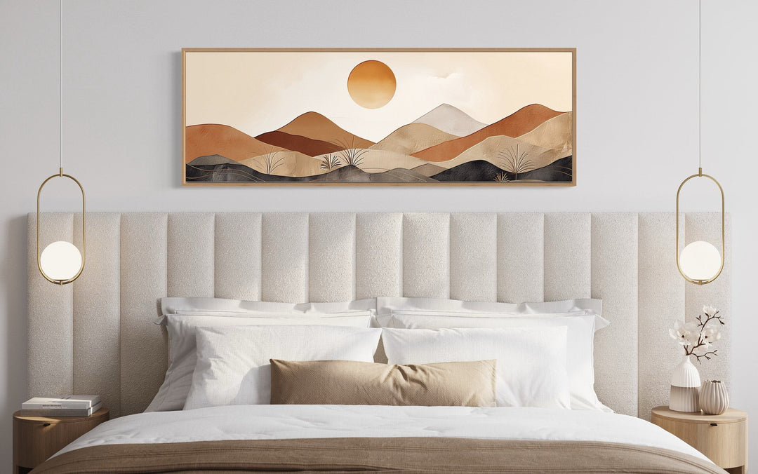 Mid century modern long narrow canvas wall art featuring a neutral brown beige mountain sunset.