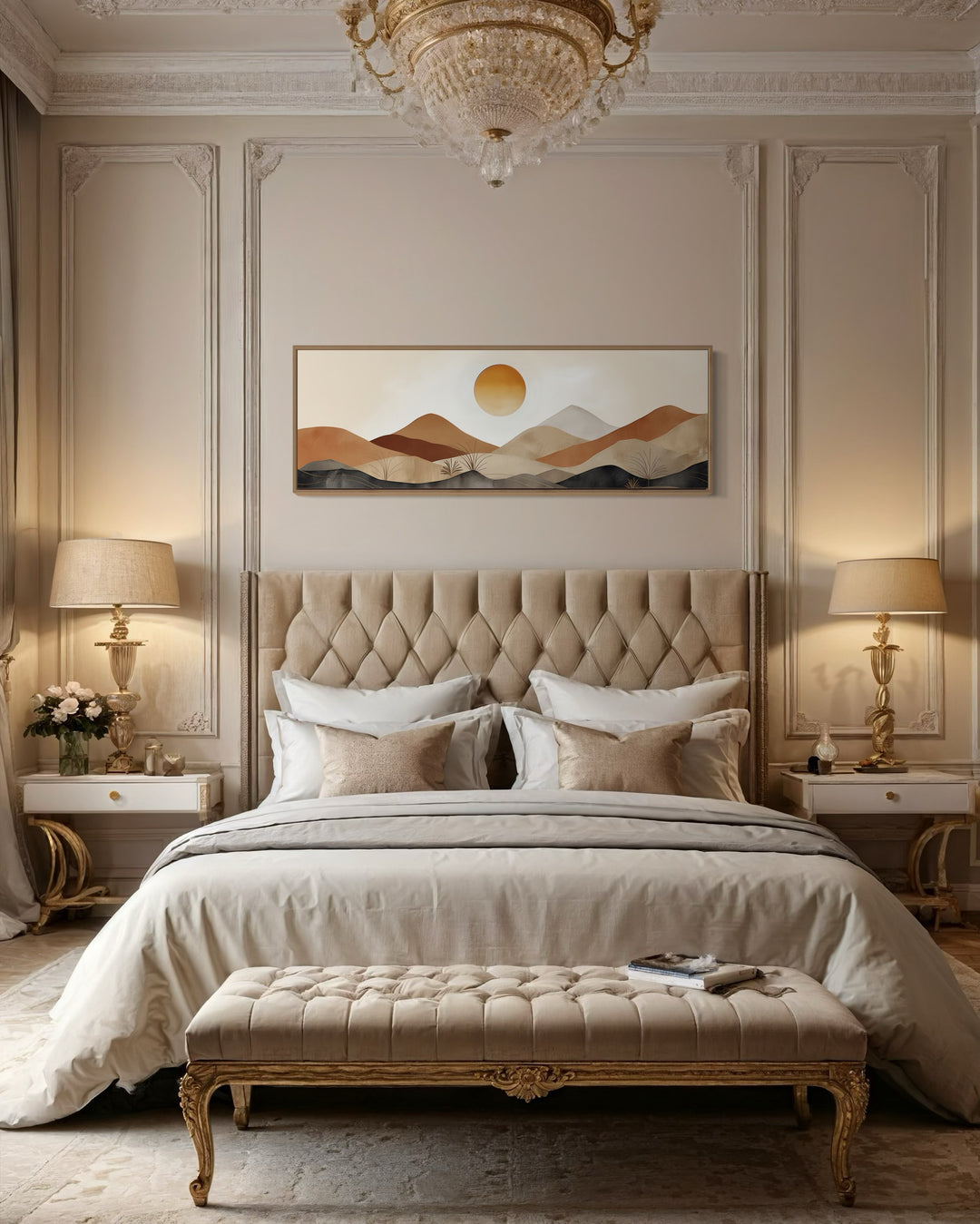 Mid century modern neutral mountain sunset landscape canvas wall art above a tufted bed.