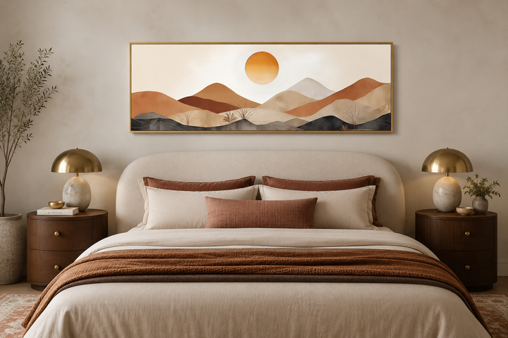 Mid century modern long narrow canvas wall art featuring a brown and beige mountain sunset landscape.