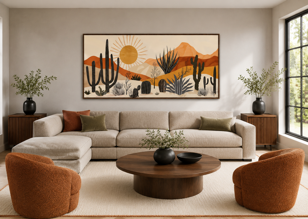 Mid Century Modern Neutral Desert With Cactus Framed Canvas Wall