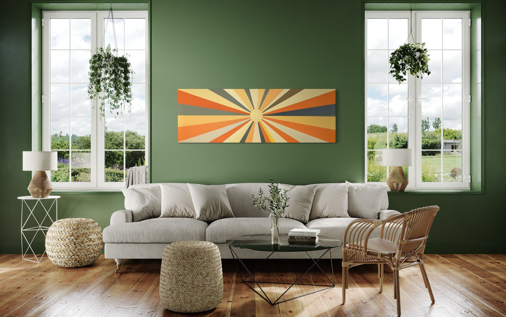 Mid Century Modern Neutral Sun Long Horizontal Framed Canvas Wall Art in green room