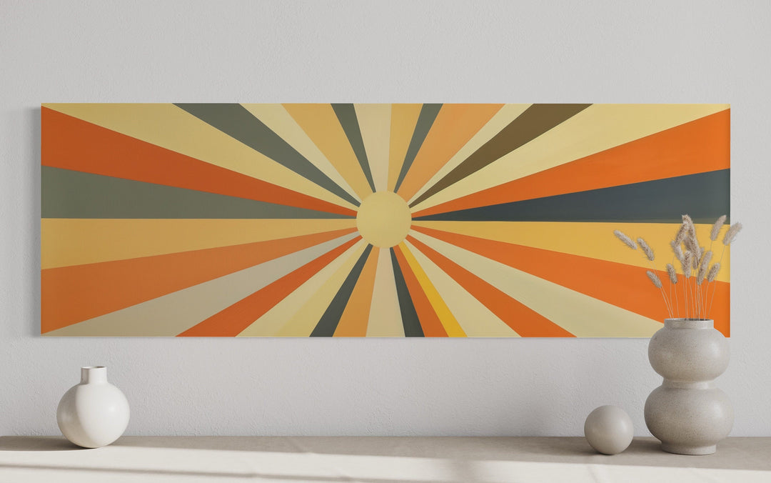 Mid Century Modern Neutral Sun Long Horizontal Framed Canvas Wall Art