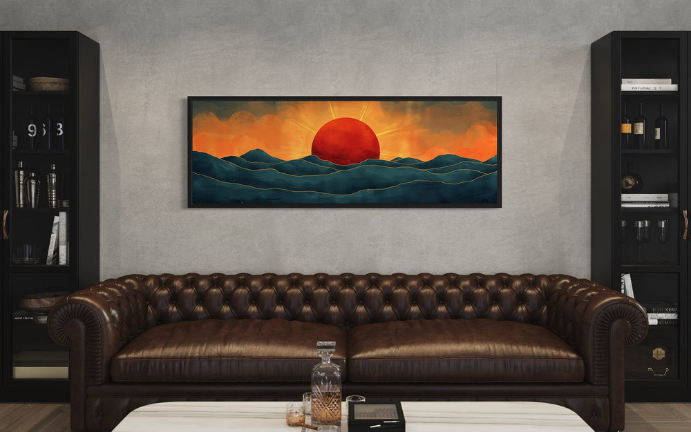 Mid Century Modern Ocean Sunset Panoramic Wall Art in man cave