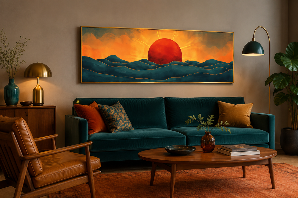 Panoramic mid-century modern wall art featuring a red sun over navy blue ocean waves.