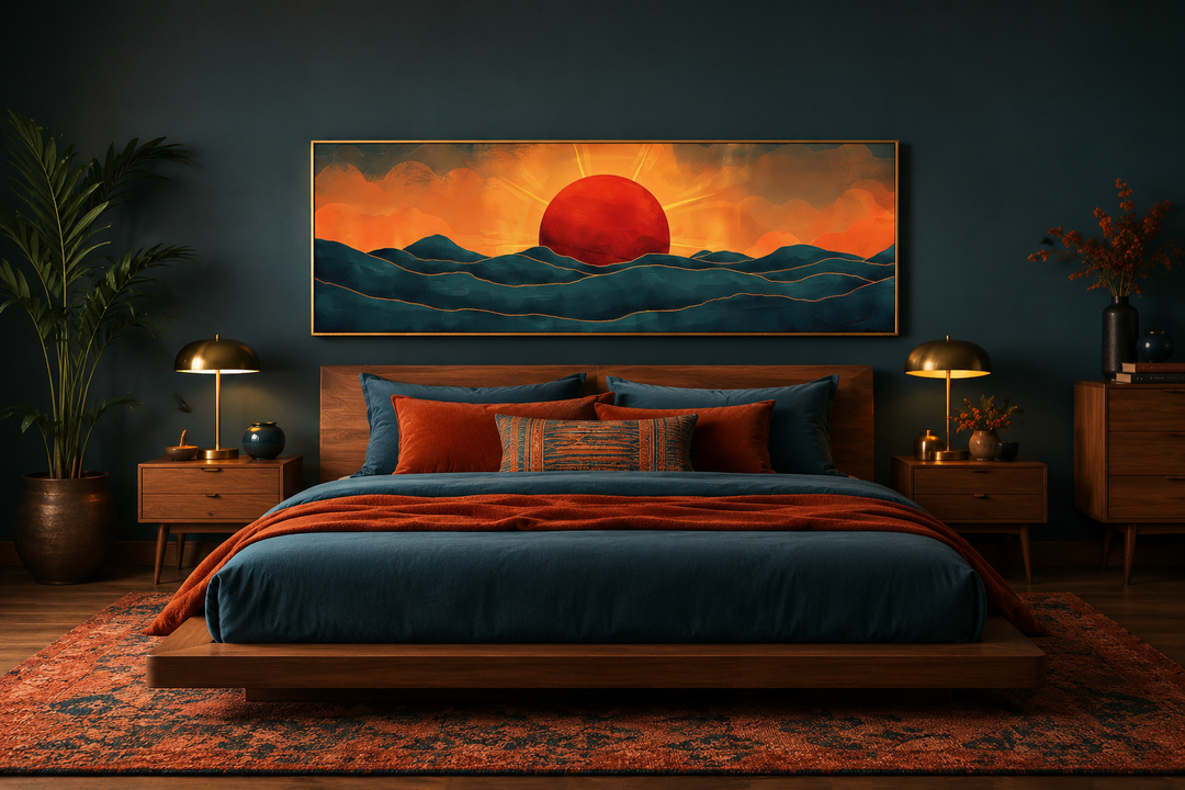 Panoramic mid-century modern wall art of a red sun setting over navy blue ocean waves.