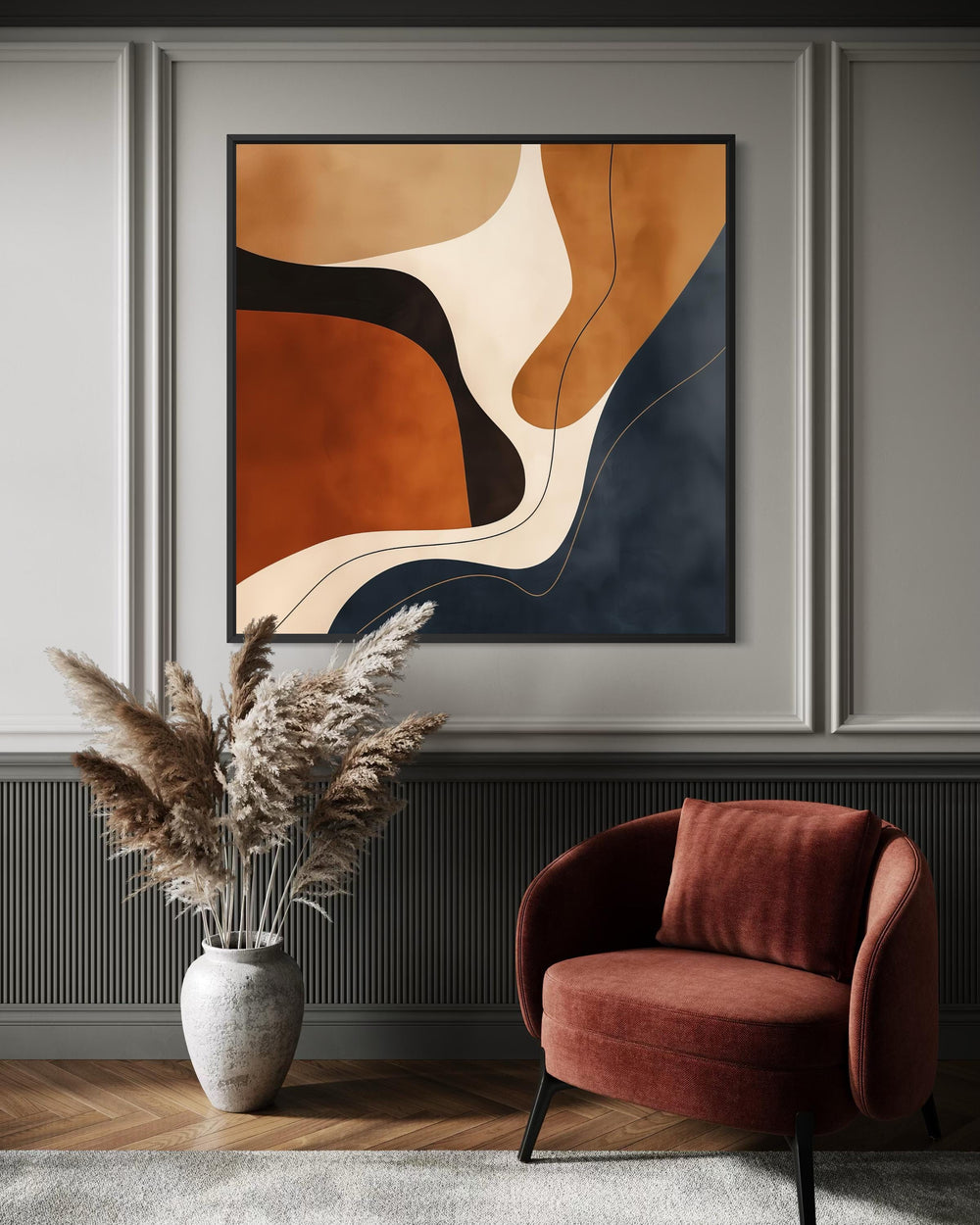 Mid-century modern abstract square canvas wall art featuring organic shapes in navy and earth tones.