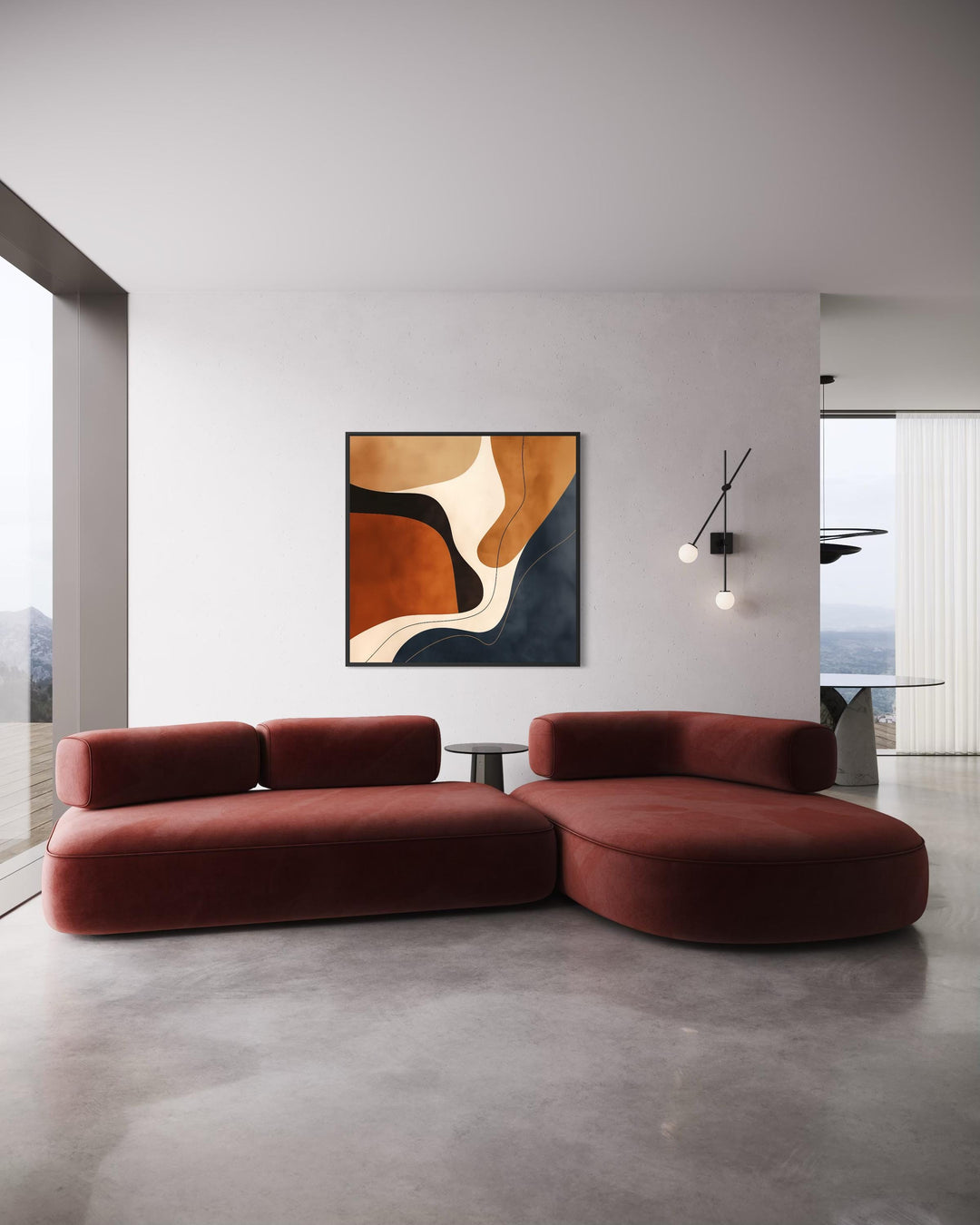 Abstract square canvas wall art featuring organic shapes in navy, rust, and beige earth tones.