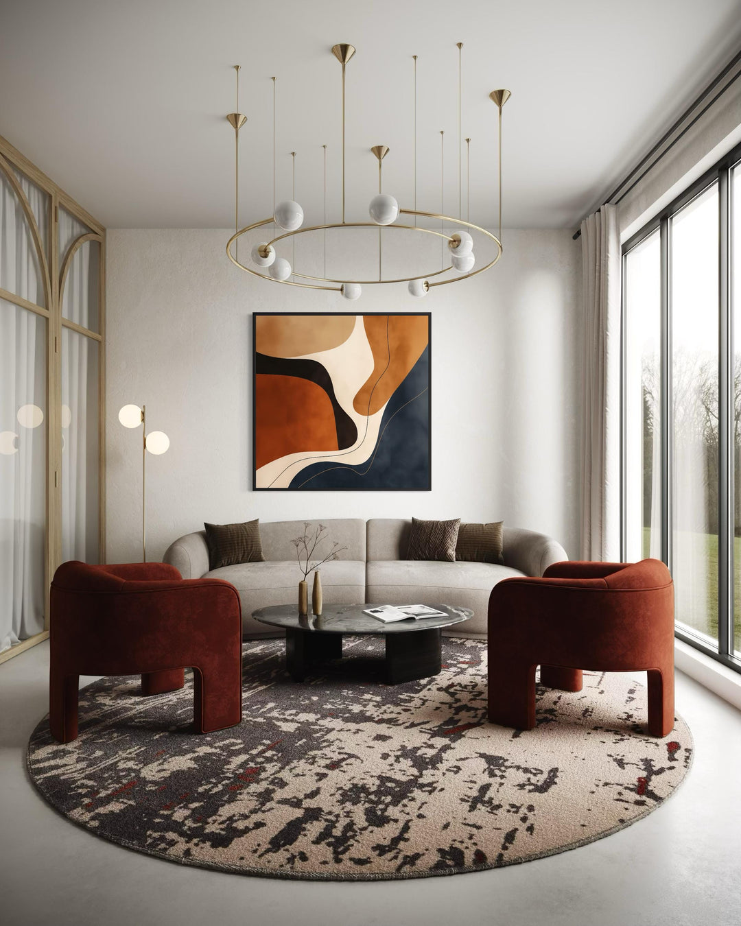Square abstract canvas art with navy and earth-toned organic shapes above a modern sofa.