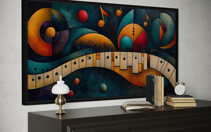 Mid century modern abstract piano canvas print with colorful geometric shapes and musical notes.