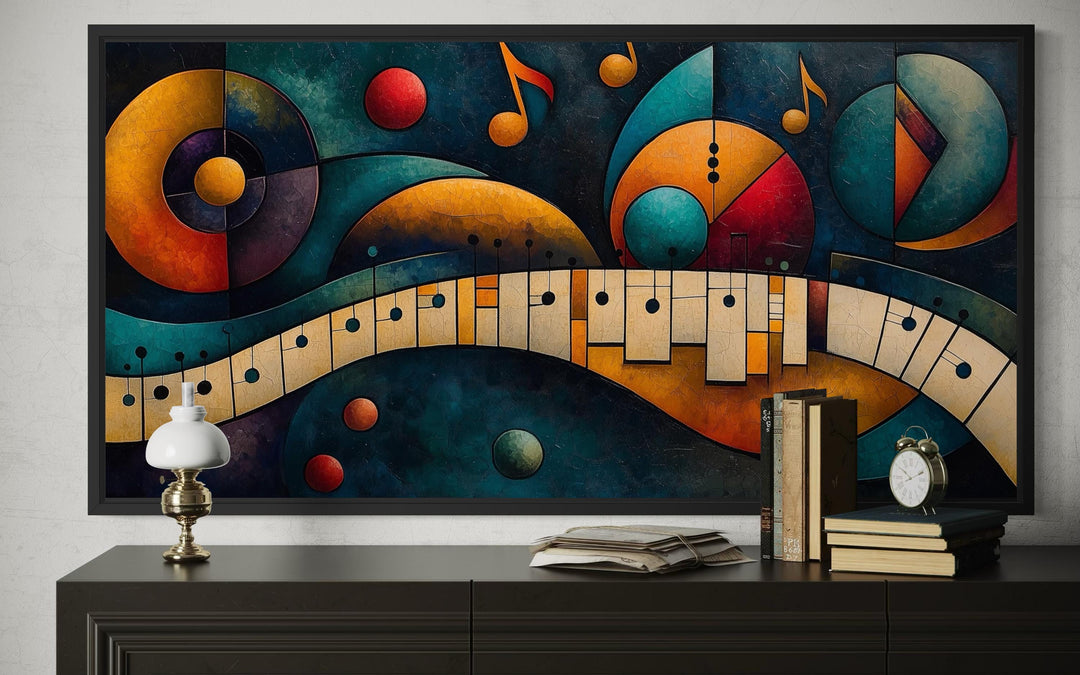 Mid century modern abstract piano canvas print with colorful geometric shapes and musical notes.