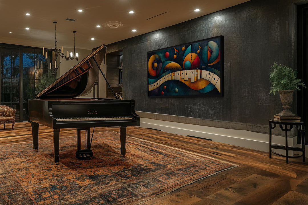 Colorful abstract mid-century modern piano canvas print displayed on a dark textured wall.