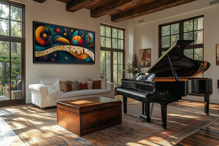 Colorful abstract mid-century modern piano canvas art displayed in a sunlit living room.