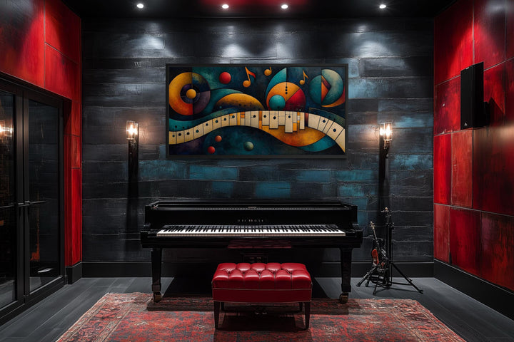 Colorful abstract mid-century modern piano canvas print hanging above a black grand piano.