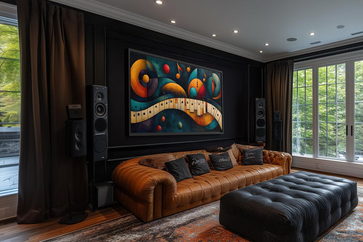 Mid Century Modern Piano Art, a colorful abstract music artwork canvas print in a dark living room.