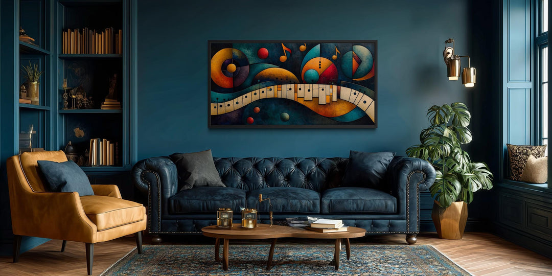 Colorful abstract mid-century modern piano canvas print displayed in a dark teal living room.
