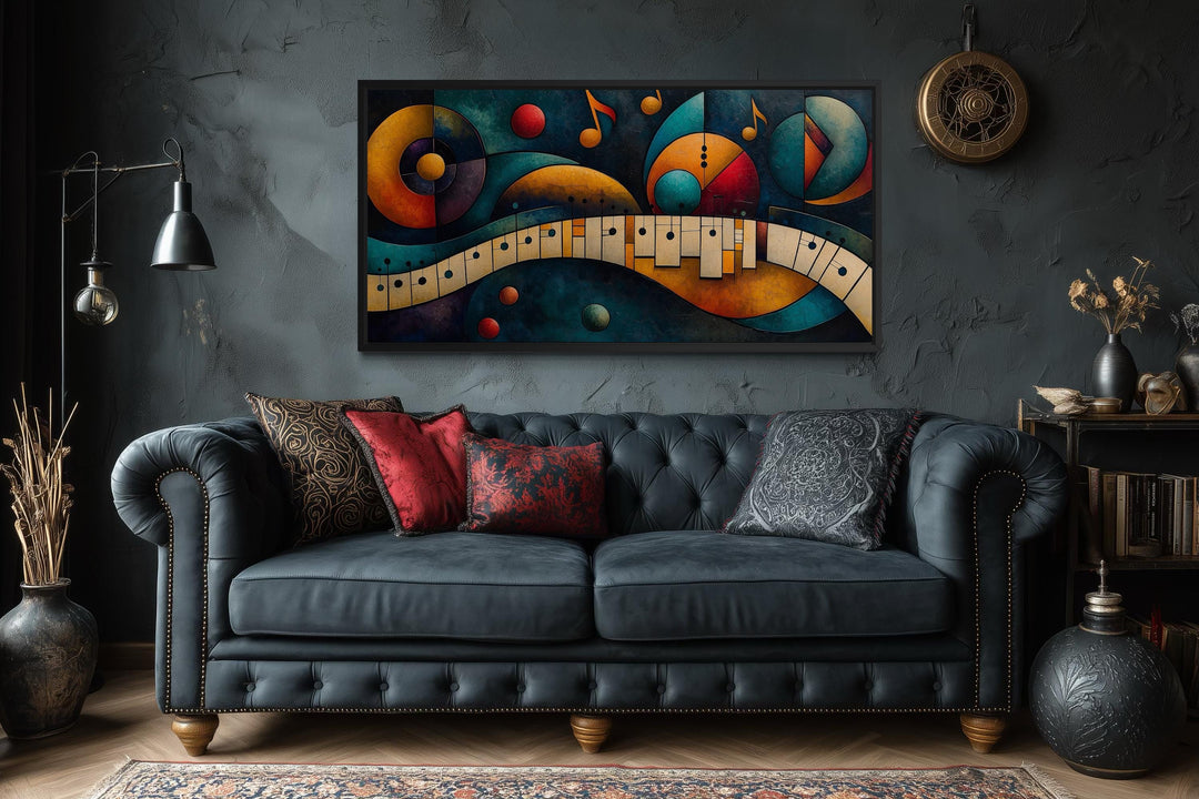 Mid Century Modern abstract piano canvas print with colorful geometric shapes over a dark sofa.
