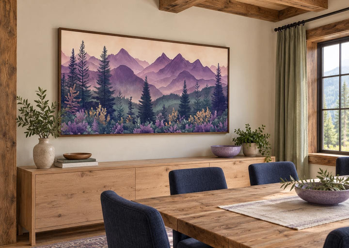 Mid Century Modern Purple Green Mountains Framed Canvas Wall Art above a wooden sideboard.