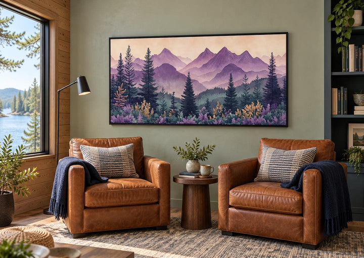 Mid Century Modern Purple Green Mountains Framed Canvas Wall Art above two leather armchairs.