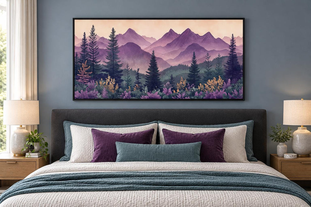 Mid Century Modern Purple Green Mountains Framed Canvas Wall Art above a bed in a bedroom.