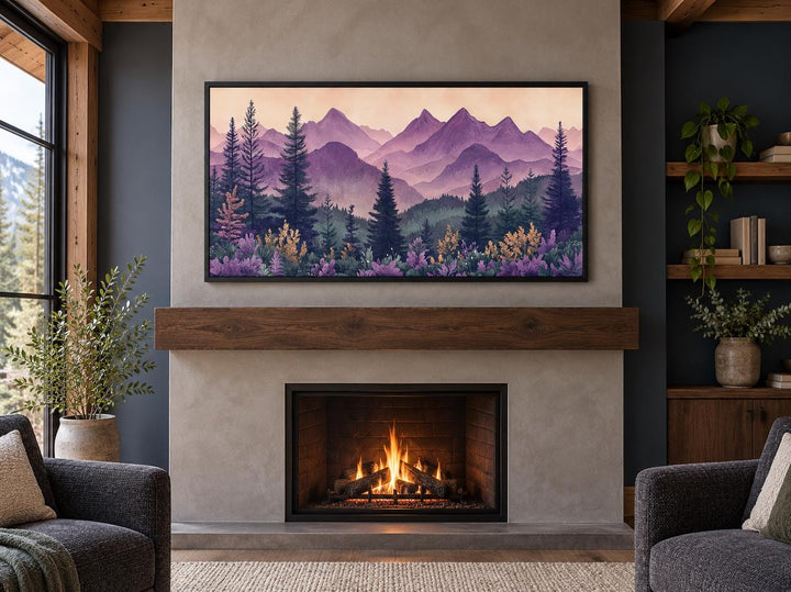 Mid century modern purple and green mountain framed canvas art above a fireplace.