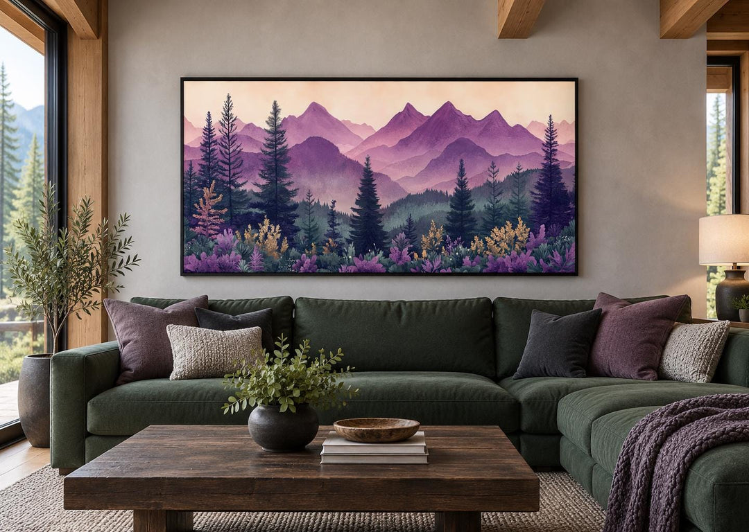 Mid Century Modern Purple Green Mountains Framed Canvas Wall Art above a green sofa.