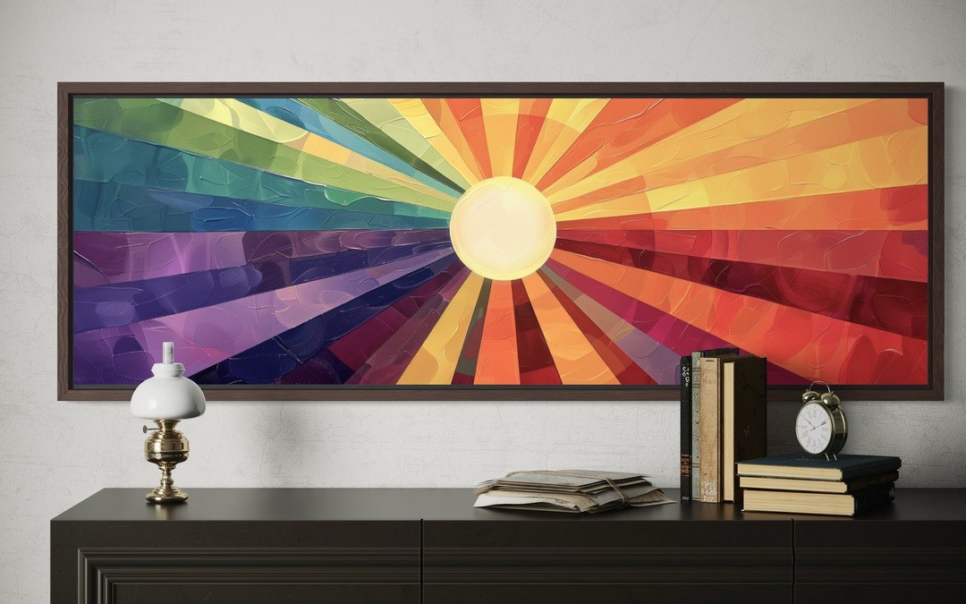 Mid-century modern horizontal wall art featuring a vibrant, abstract sun with colorful rays.