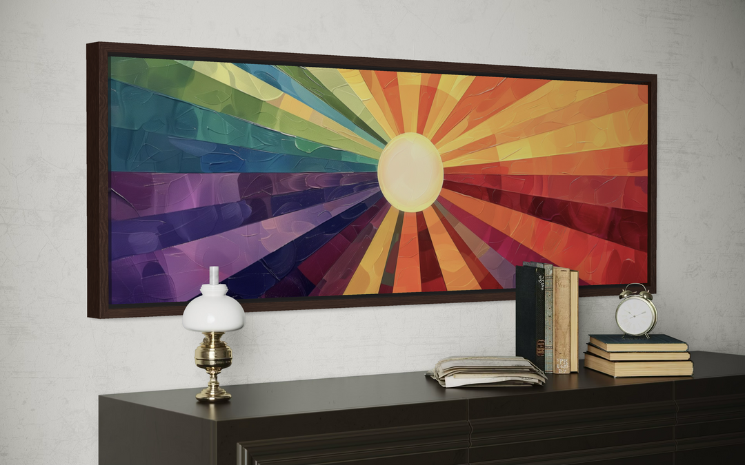 Mid Century Modern purple and orange sunburst horizontal wall art in a dark wood frame.