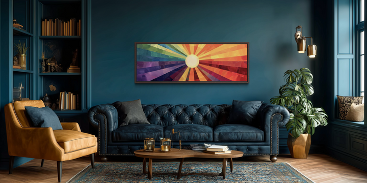 Mid-century modern horizontal wall art featuring a vibrant purple and orange abstract sun design.