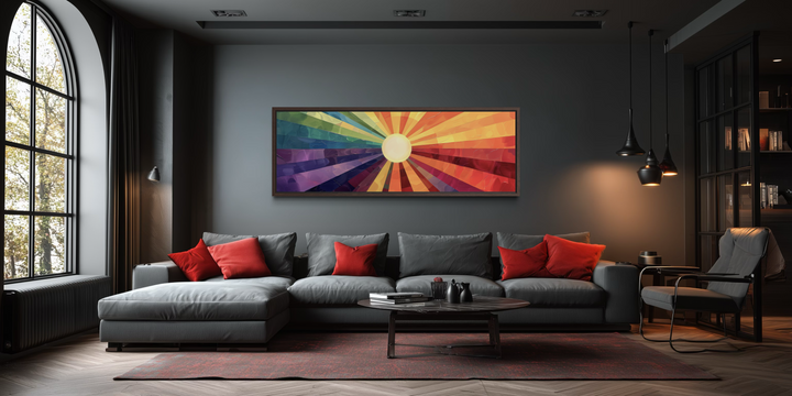 Mid-century modern horizontal wall art featuring a vibrant purple and orange abstract sun design.