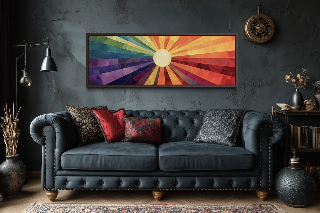 Mid Century Modern horizontal wall art featuring a vibrant purple and orange abstract sun design.