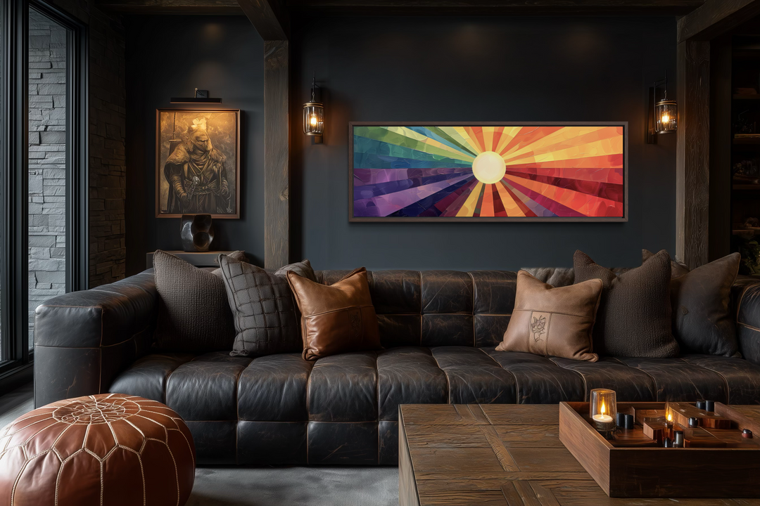 Mid Century Modern narrow horizontal wall art featuring a vibrant purple and orange abstract sun.