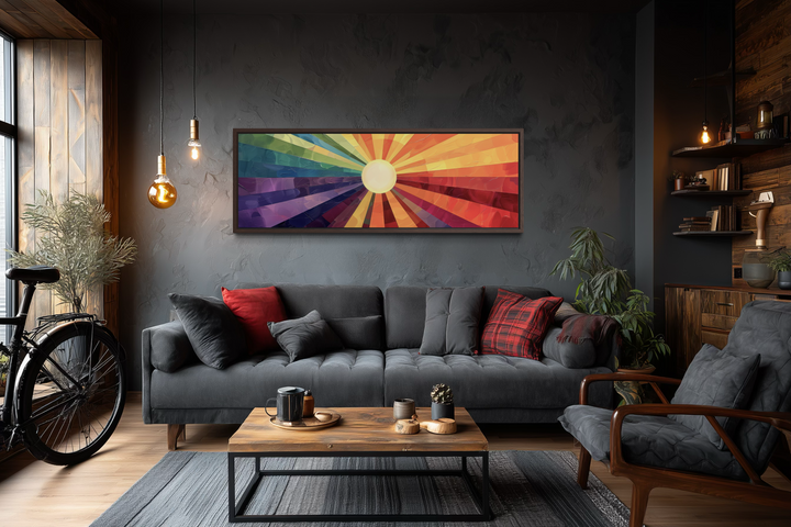 Mid-century modern horizontal wall art featuring a vibrant purple and orange abstract sun design.
