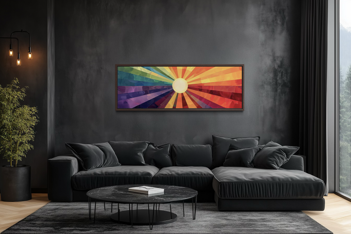 Mid-century modern horizontal wall art featuring a colorful sunburst design on a dark wall.