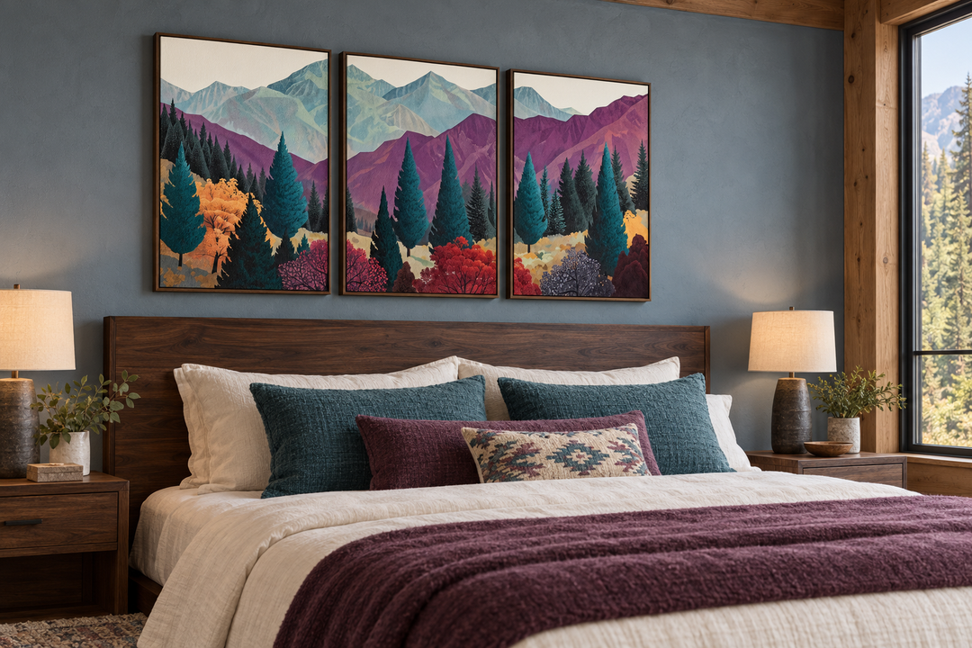 3 piece mid century abstract purple mountain landscape framed canvas wall art above a bed.