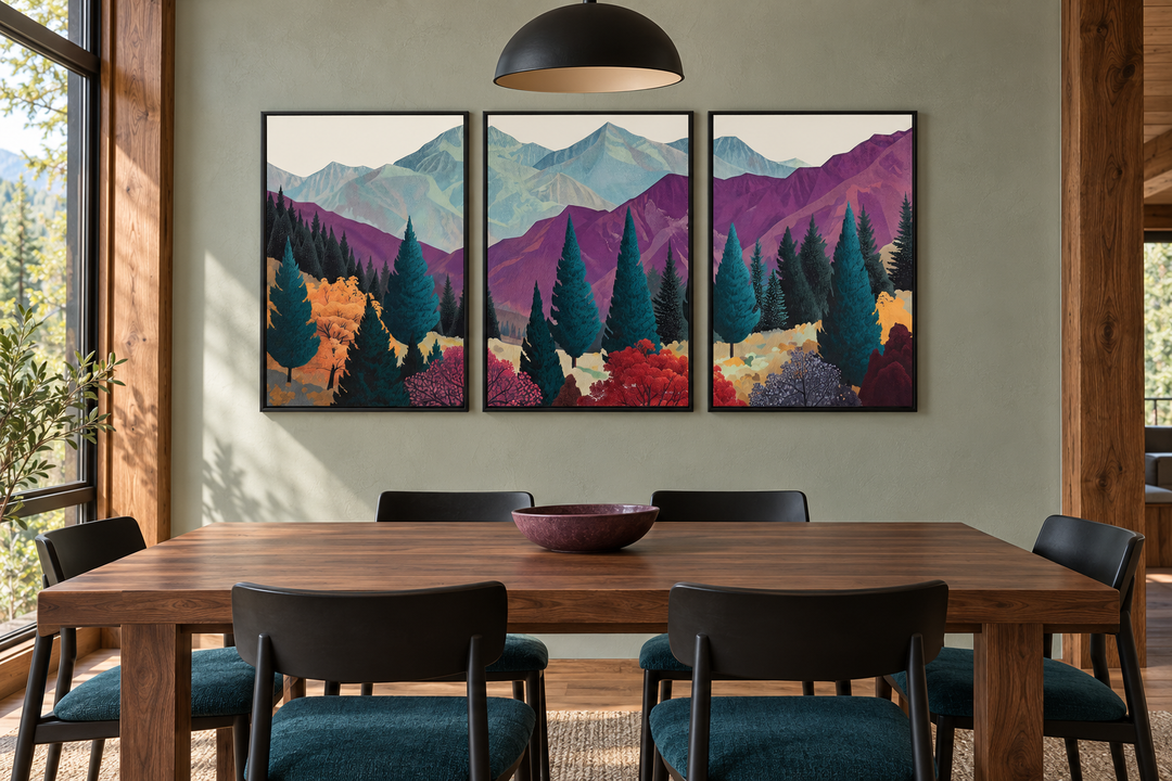3 piece mid century abstract purple mountain landscape framed canvas wall art in a dining room.