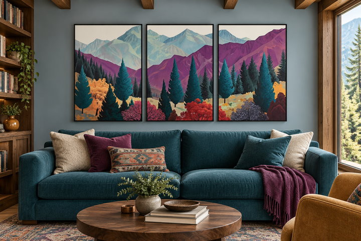 3 piece mid century abstract purple mountain landscape framed canvas wall art above a teal sofa.