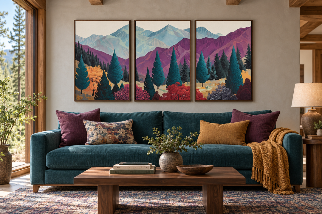 3 piece mid century abstract purple mountain landscape framed canvas wall art above a teal sofa.