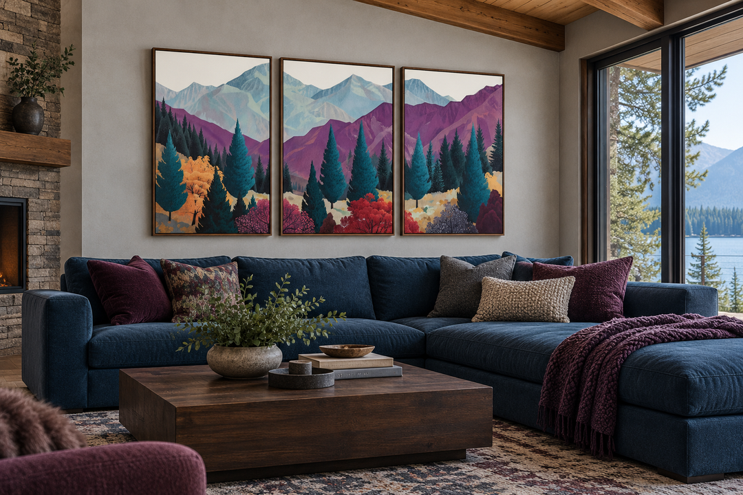 3 piece mid century abstract purple mountain landscape framed canvas wall art above a blue sofa.