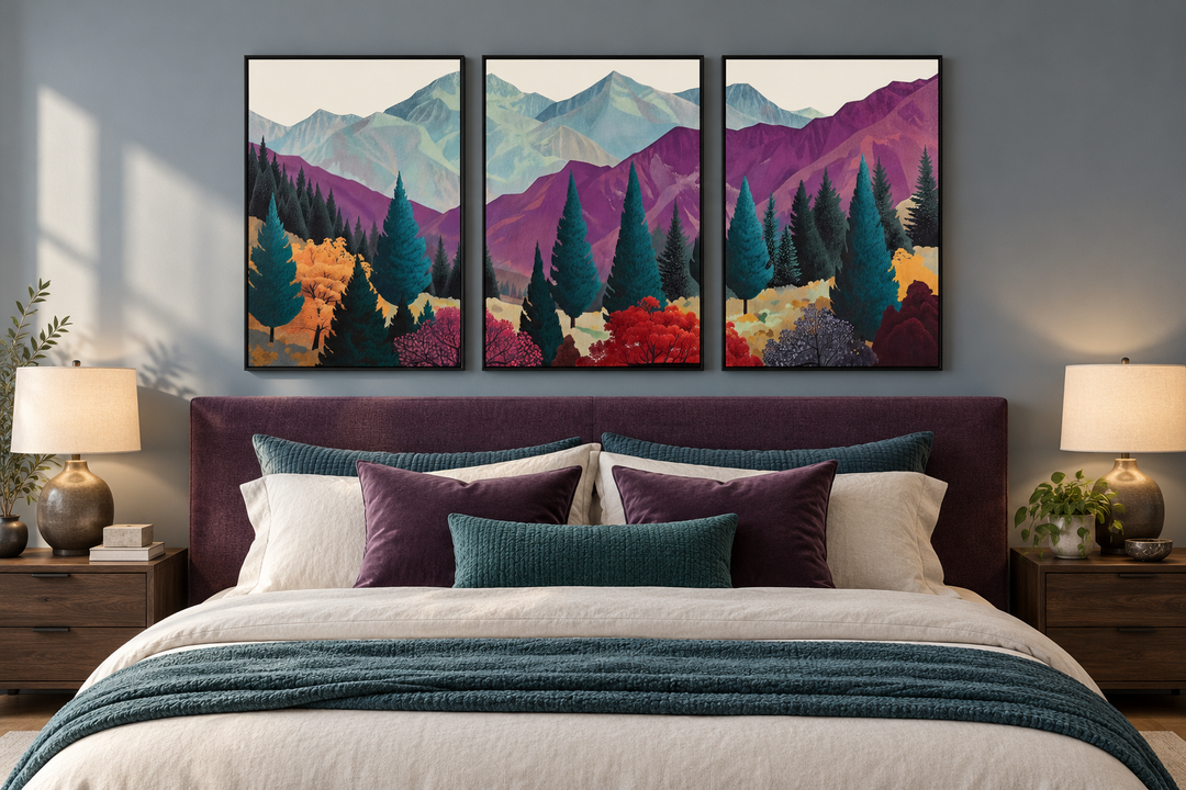 3 piece mid century abstract purple mountain landscape framed canvas wall art above a bed.