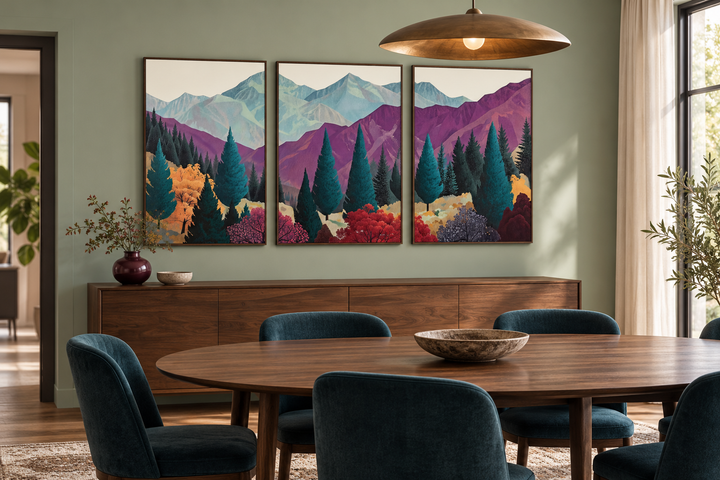 3 piece mid century abstract purple mountain landscape framed canvas wall art in a dining room.