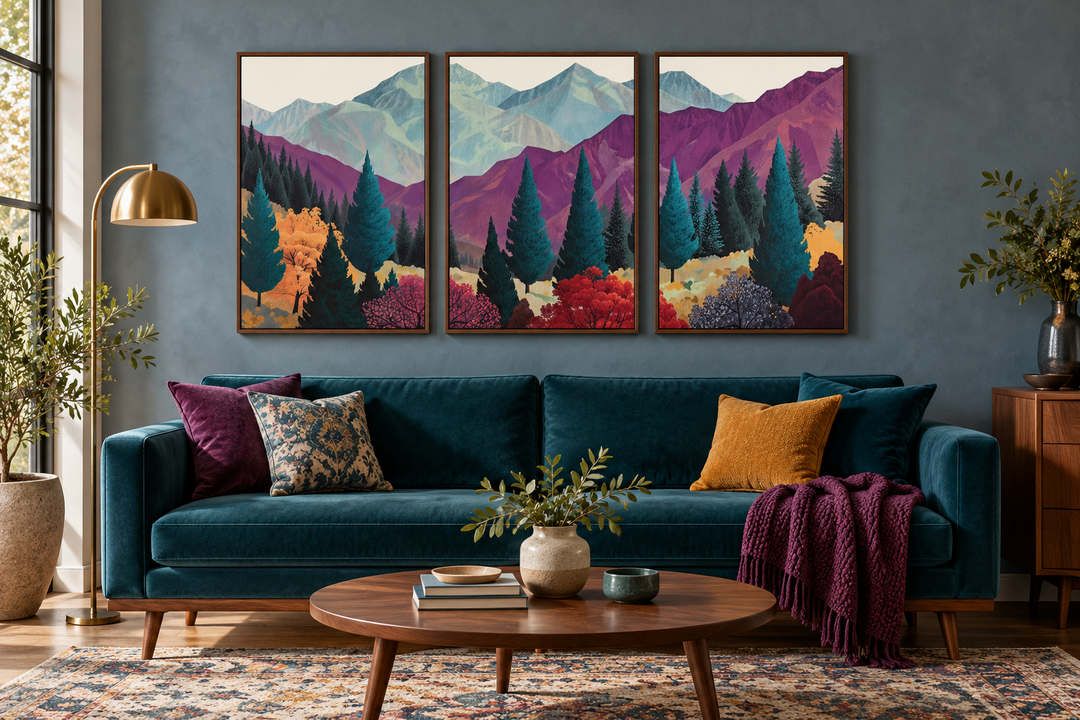3 piece mid century abstract purple mountain landscape framed canvas wall art above a teal sofa.