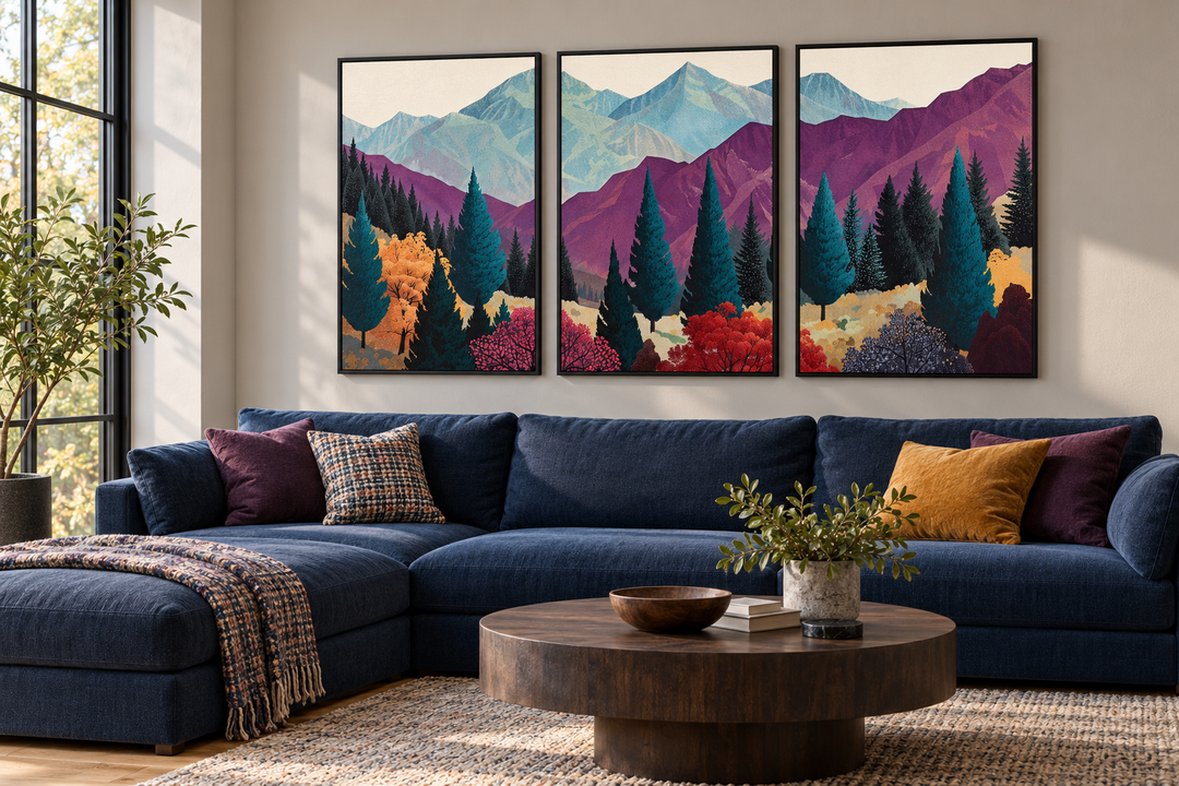 3 piece mid century abstract purple mountain landscape framed canvas wall art above a blue sofa.
